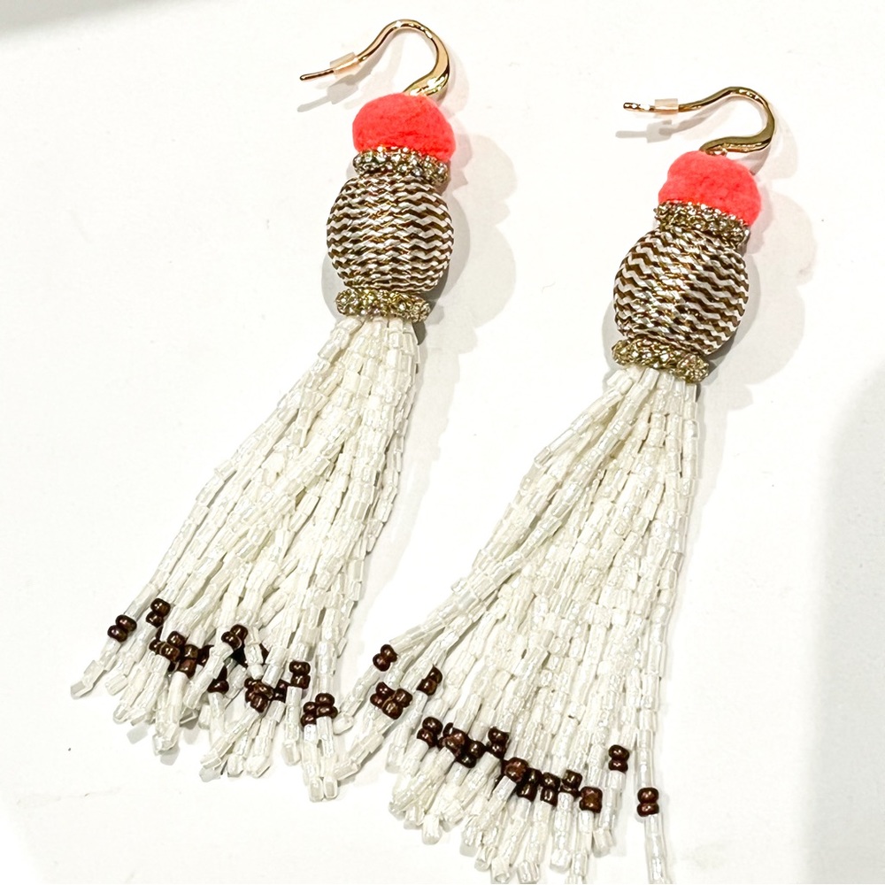 White sparkle bead earrings with pave crystal ring top